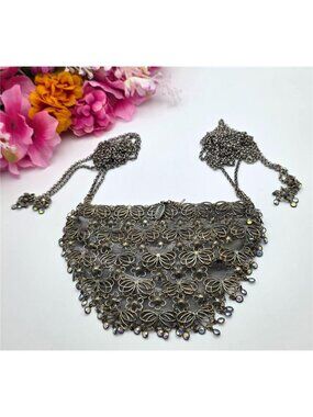 Kenny Ma Filigree Mesh Purse Necklace AB Crystal Fringe Boho Drape 67 in
